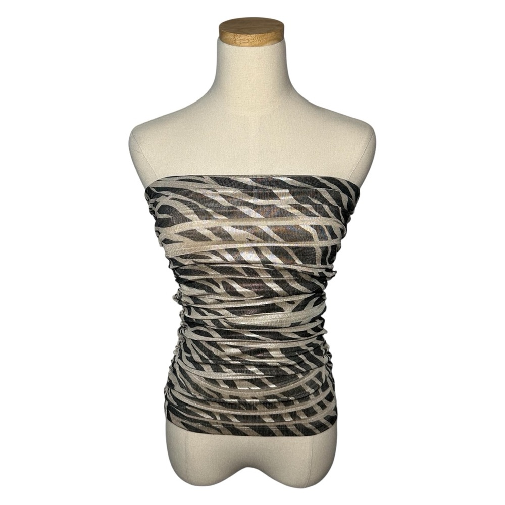 Vintage Forever 21 Metallic Y2K Zebra Stripes Strapless Ruched Tube Top, Medium - Picture 1 of 10